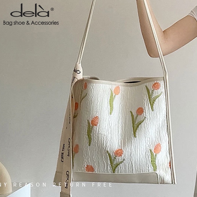 Dela Túi Xách Đeo Vai Vải Bạt In Hoa Tulip Đào Trẻ Trung Thời Trang Mới Mẻ Cho Nữ