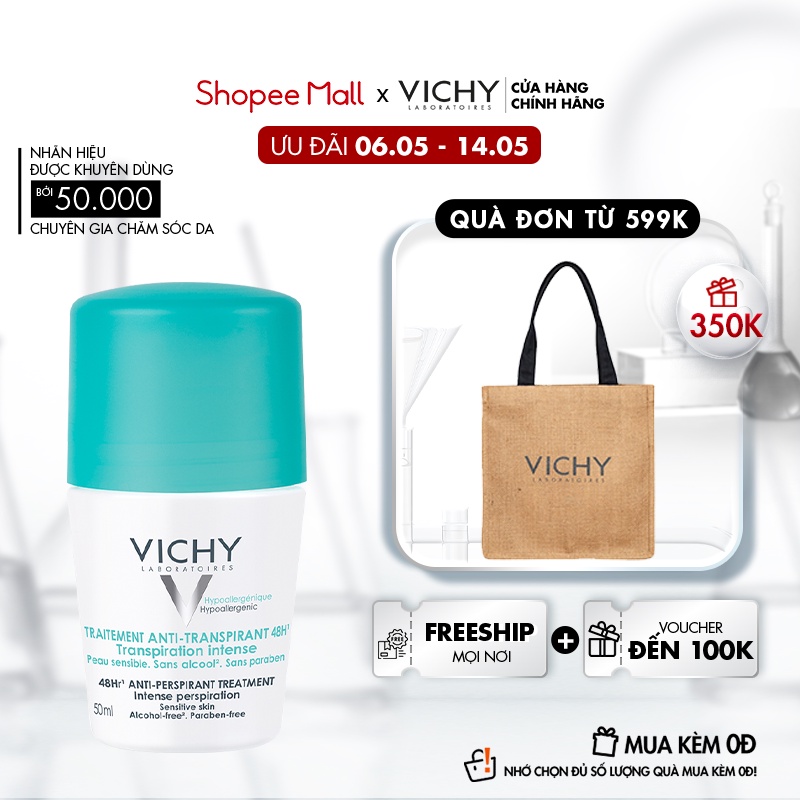 [Mã FMCGMALL -8% đơn 250K] Lăn khử mùi và khô thoáng vùng da dưới cánh tay 48H Vichy Anti-perspirant 50ml