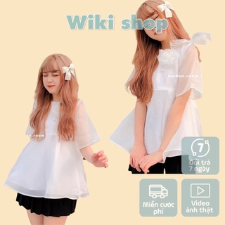 Áo babydoll nữ voan tơ nơ vai tay phồng cộc tay màu trắng freesize cổ vuông dáng xòe tiểu thư hàn quốc C775