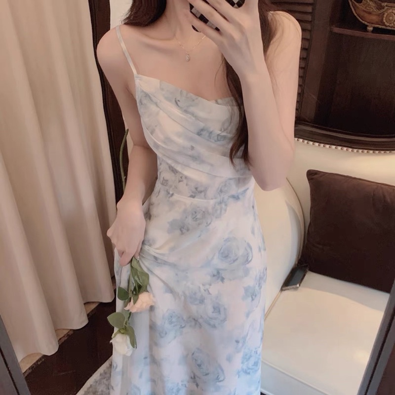 Hàng Quảng Châu🖤Đầm tiểu thư 𝐋𝐀𝐋𝐀𝐃𝐔𝐃𝐔 maxi voan hai dây hoa hồng xanh cổ đổ hở lưng đi biển, du lịch dáng dài bo chun