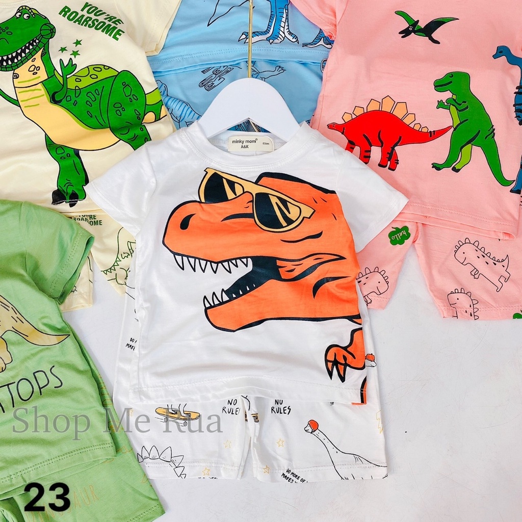Đồ bộ thun cộc tay cho bé trai bé gái hình khủng long hàng Minky mom, cả bộ áo quần ,CT12, bé 9-32kg