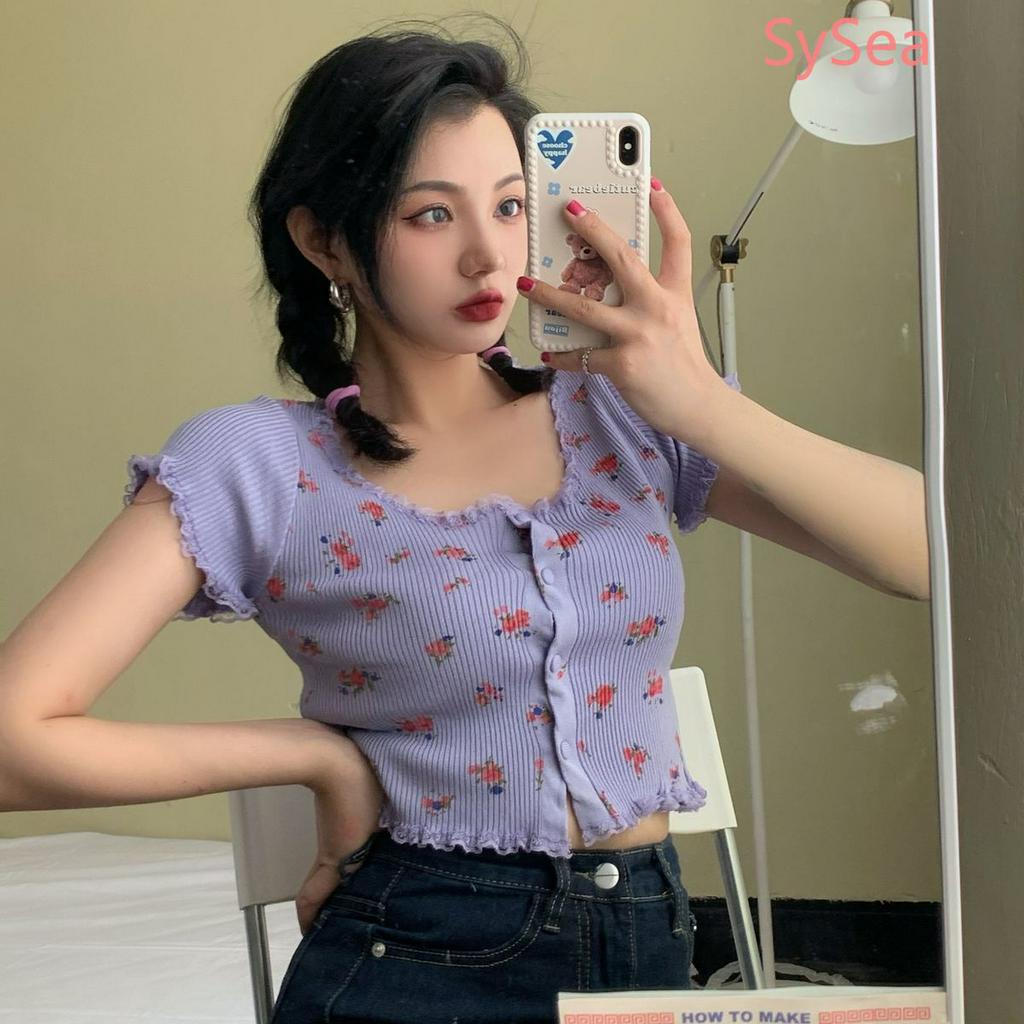 Áo croptop tay ngắn hoạ tiết hoa thời trang mùa hè