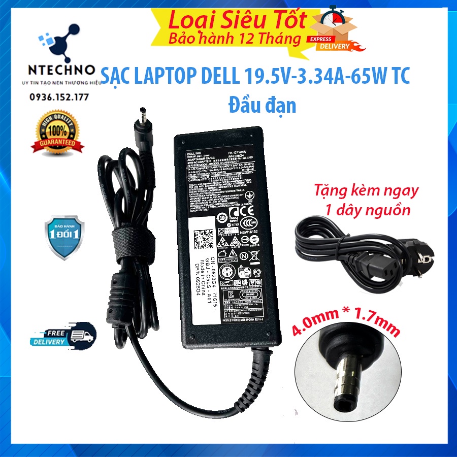 Sạc Laptop Dell 19.5V 3.34A 65W (Đầu đạn kích thước 4.0 x 1.7mm) [pt] - Tặng kèm dây nguồn - Bảo hành 12 Tháng