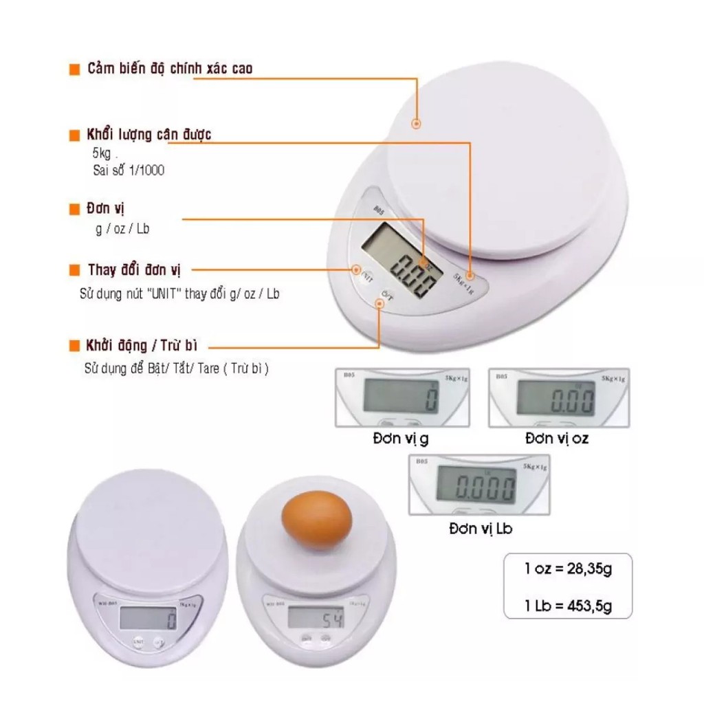 Cân Điện Tử Nhà Bếp Mini để bàn 5Kg – 1G màng hình led,độ chính xác cao,chắc chắn - cân tiểu ly mini
