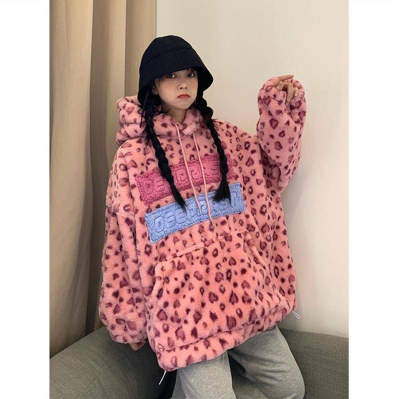 Áo hoodie chất liệu len dày dặn ấm áp in họa tiết da báo dễ thương cho nữ