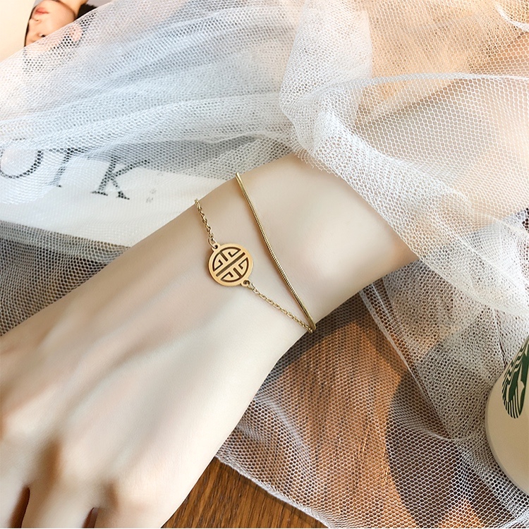 Vòng Tay Hai Lớp Bằng Thép Titan Mạ Vàng 18K Chống Nước Không Gây Dị Ứng Phong Cách Hàn Quốc