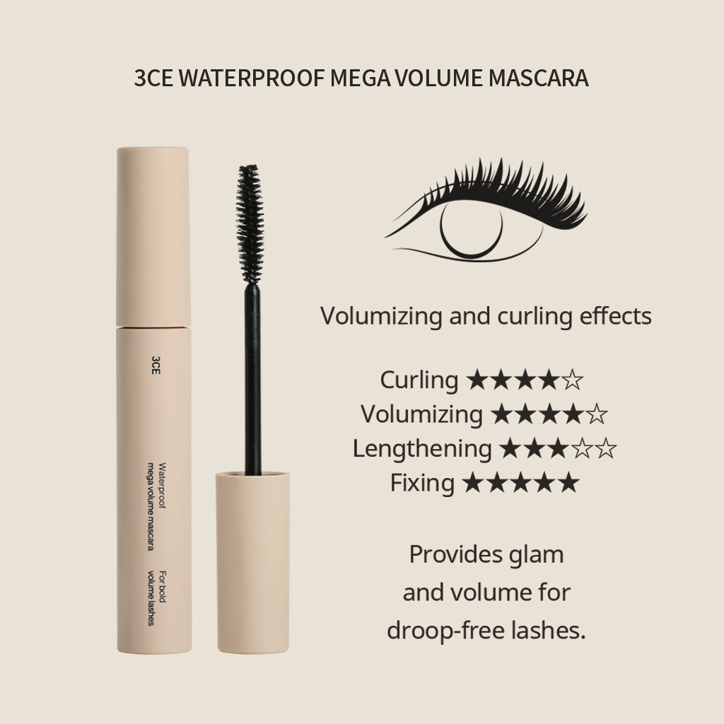 Mascara 3CE 7.5g làm dày và giữ màu lâu trôi làm đẹp cho nữ 3CE Waterproof Mega Volume Mascara 7.5 g | 3CE Official Store