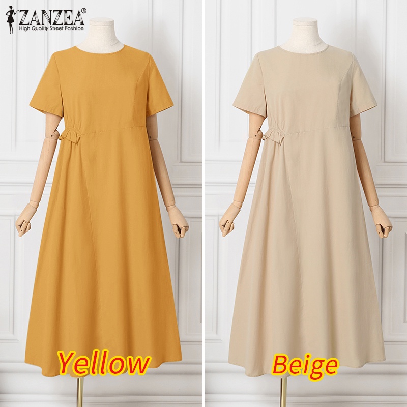 Zanzea Đầm Tay Ngắn Cổ Tròn Màu Trơn Thời Trang Dành Cho Nữ