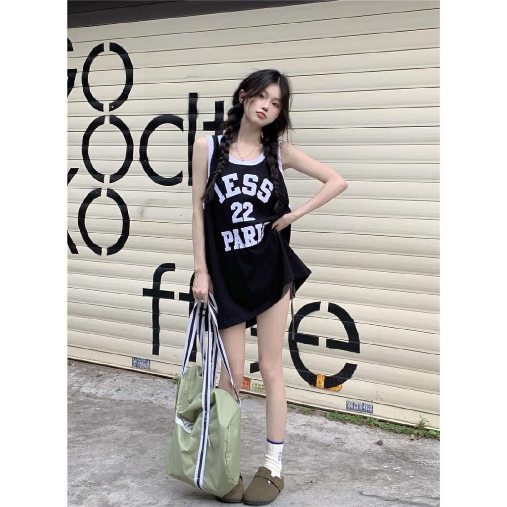 Jiashucheng Áo Thun Sát Nách Cổ Tròn Dáng Rộng In Chữ Phong Cách Retro Thời Trang Mùa Hè Cho Nữ