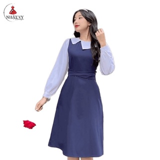 Đầm Nữ NHẬT VY Tay Dài Cổ Cách Điệu Phối Dây Eo Kiểu Chất Lụa Pháp Công Sở Màu Đỏ, Nâu, Xanh Đen - D2164