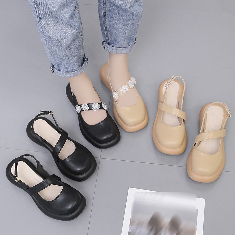 Giày Bệt Nữ, Giày Búp Bê Mary Janes, Slingbacks Da Nữ Được Trang Trí Bằng Hoa (Đế Cao Su)