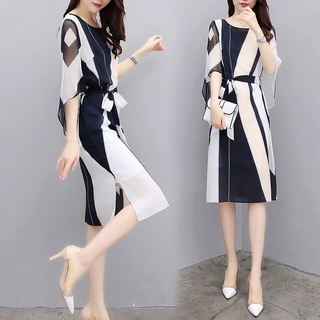 【Available COD】 - Elegant chiffon woman dress, bat arm sleeve, A shape, waistband, hug, Korean style - INTL