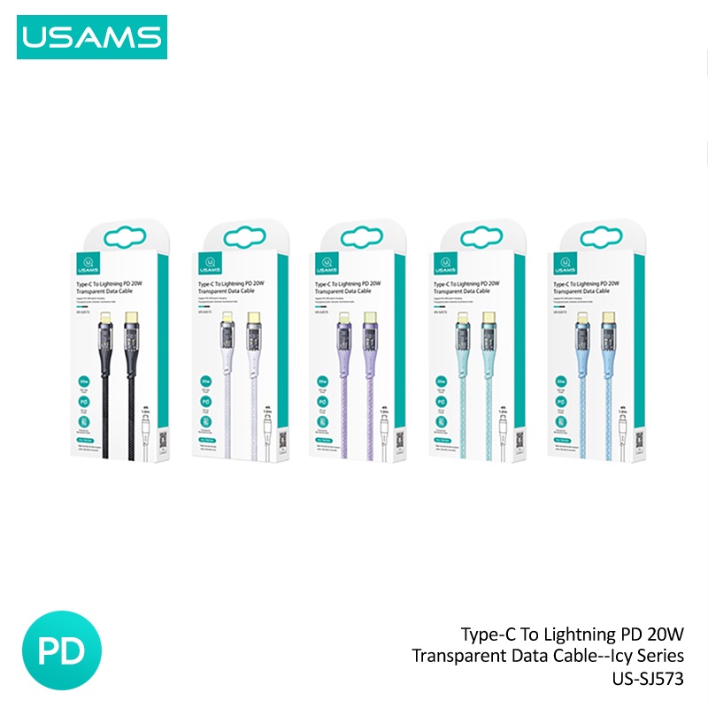 Cáp sạc nhanh Usams PD 20W Type-C - IP bằng hợp kim nhôm trong suốt thích hợp cho điện thoại/máy tính bảng Iphone 11-14