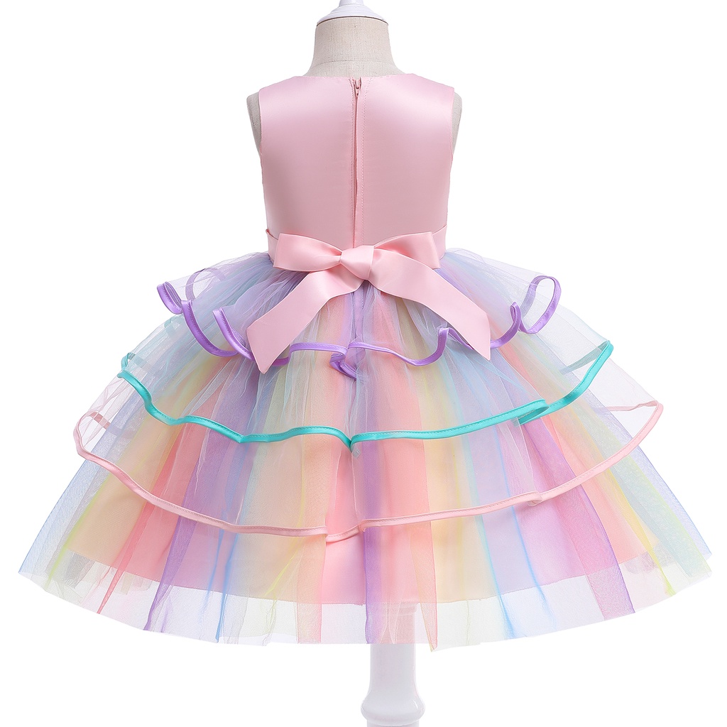 Đầm Công Chúa Họa Tiết Kỳ Lân Màu Cầu Vồng Xinh Xắn Cho Bé Gái 4-10 Tuổi