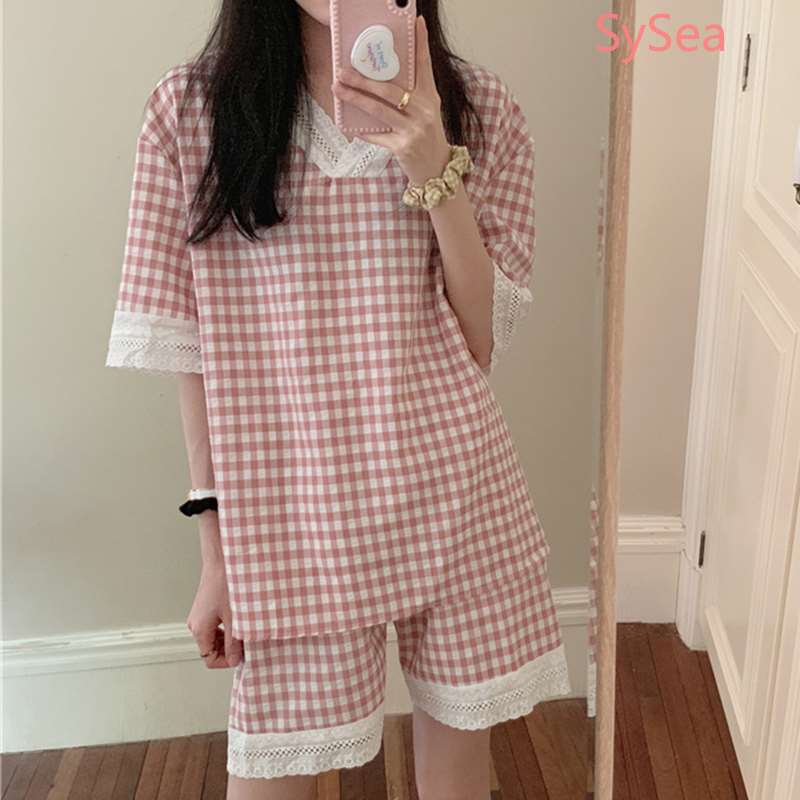 Bộ Đồ Ngủ Tay Ngắn Cổ Chữ V Phối Ren Dành Cho Nữ