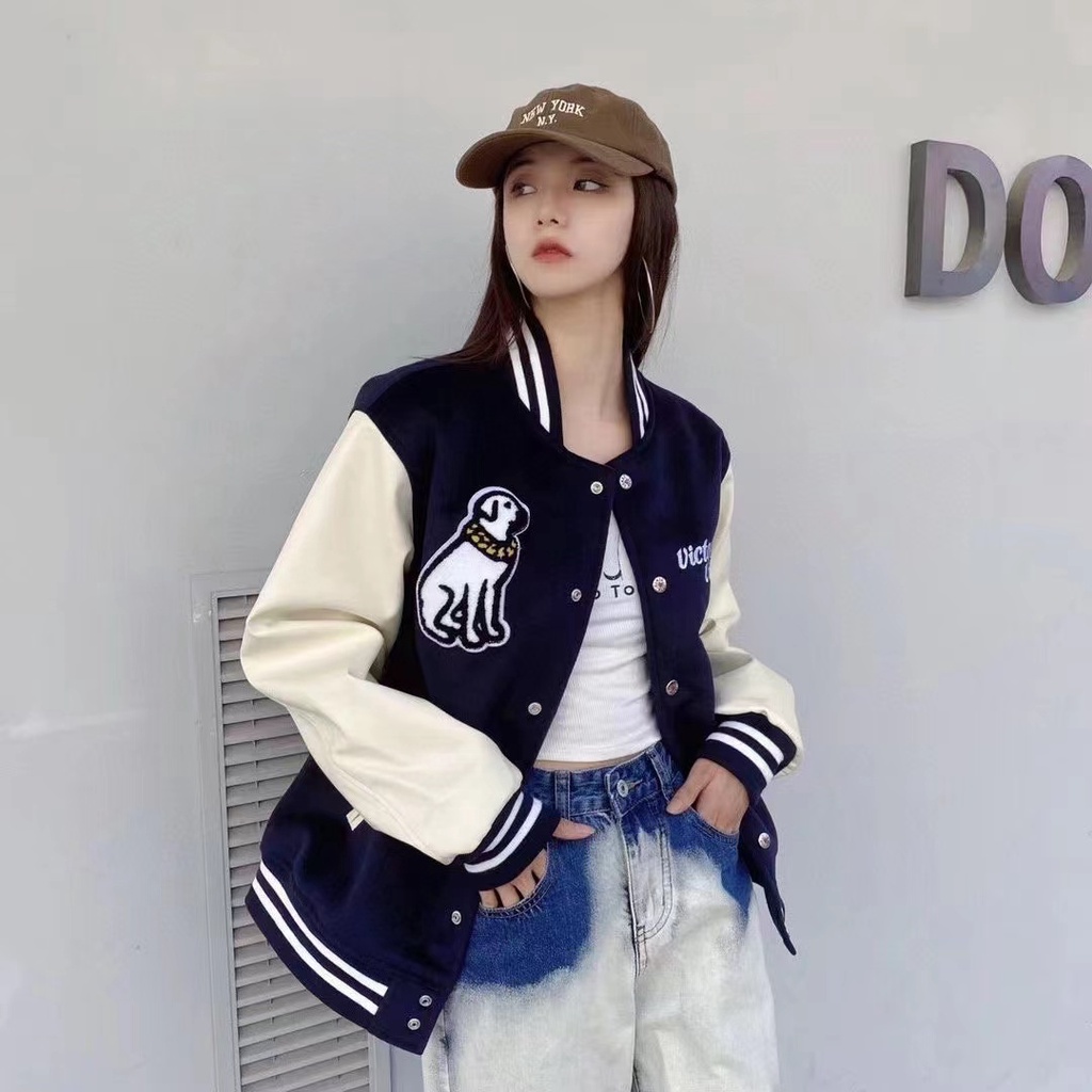 Áo Khoác Bóng Chày In Hình Đầu Chó VICTOR Phong Cách Preppy Mỹ Cổ Điển Thời Trang Thu Đông Dành Cho Nam Nữ