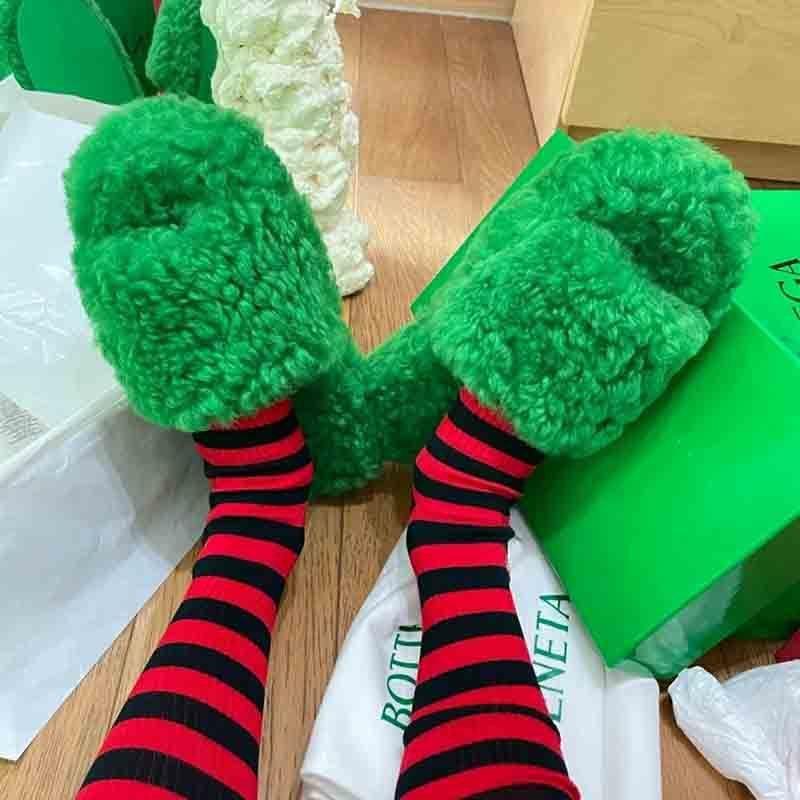 Dép cotton AW BV phối lông cừu xanh lá dày thời trang thu đông mới 2021