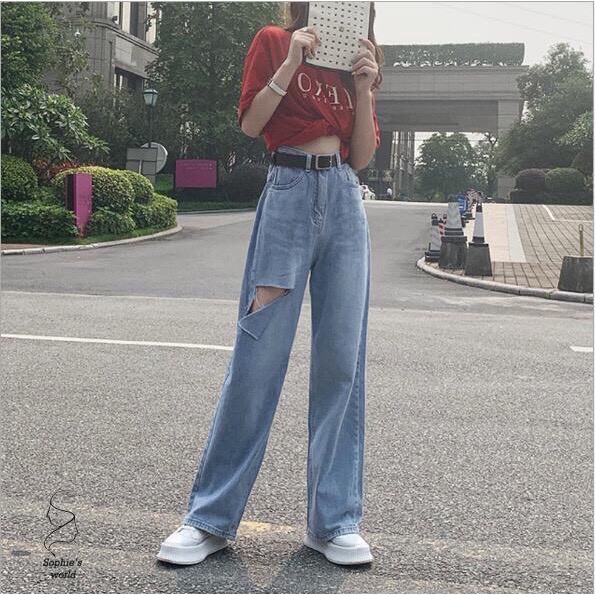 [Bigsize 55-84kg] Quần Ống Rộng Rách 1 Đùi L, Lưng Cao, Không Giãn, Dài 105cm