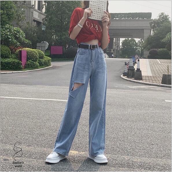 [Big Size Đại] Quần Ống Rộng Dài Form To Chuẩn 105cm- Quần Jeans Ống Rộng Rách 1 Đùi L To/Lưng Cao