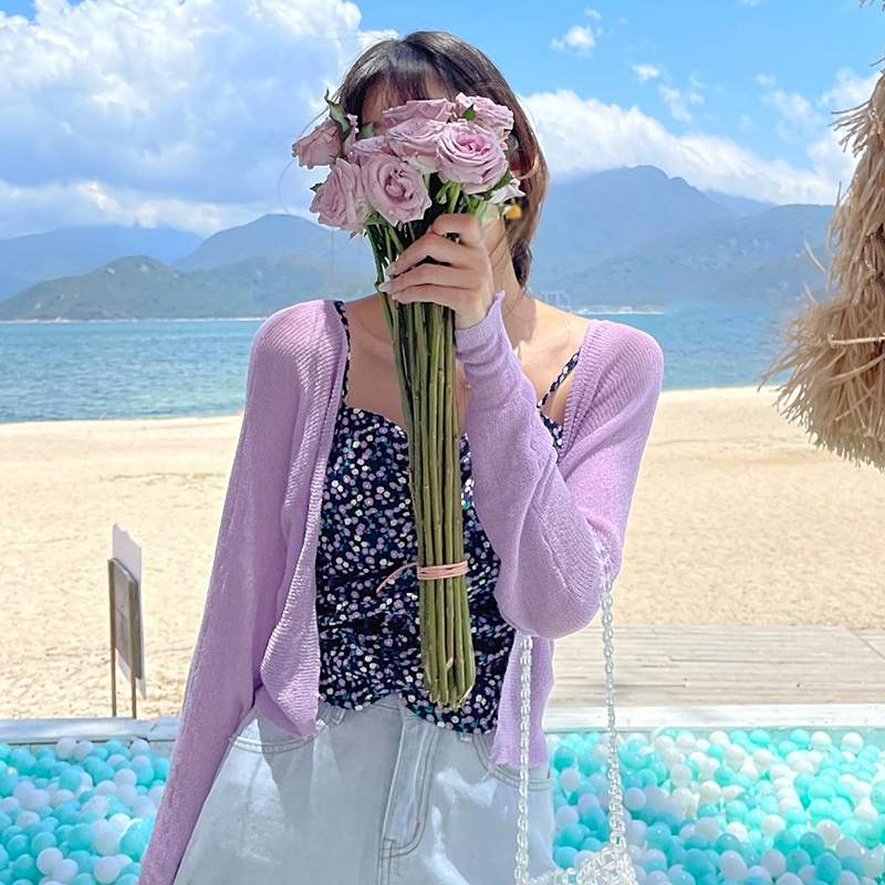 Áo Cardigan Chống Nắng Dệt Kim Mỏng Tay Dài Màu Trơn Dịu Dàng Cho Nữ