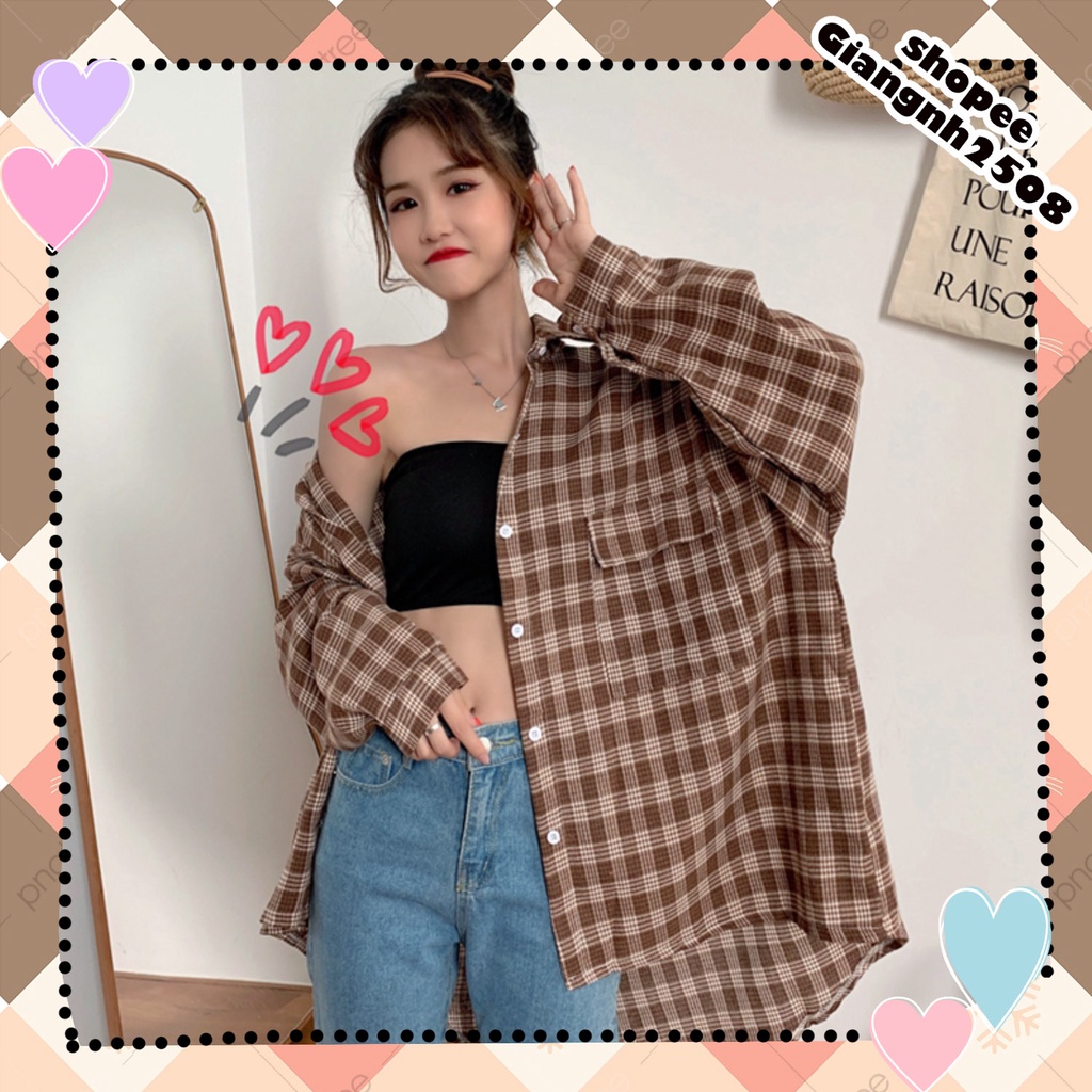 A011 Áo sơ mi kẻ caro oversize nam nữ vintage dài tay ulzzang, áo khoác chống nắng cỡ rộng tay phồng phong cách Hàn Quốc