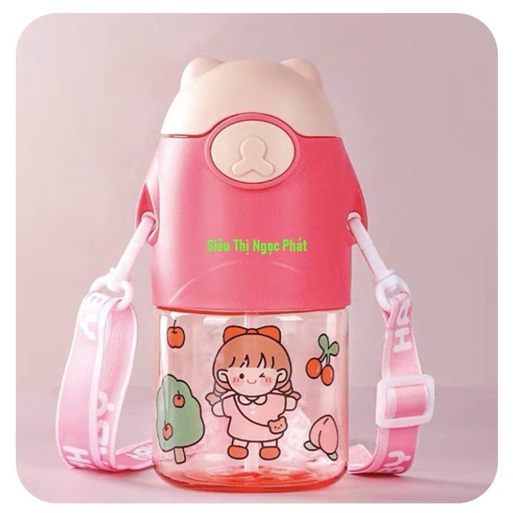 Bình Nước Gấu Ngộ Nghĩnh cho bé_Có Quai Đeo_650ML_Kèm Sticker dán