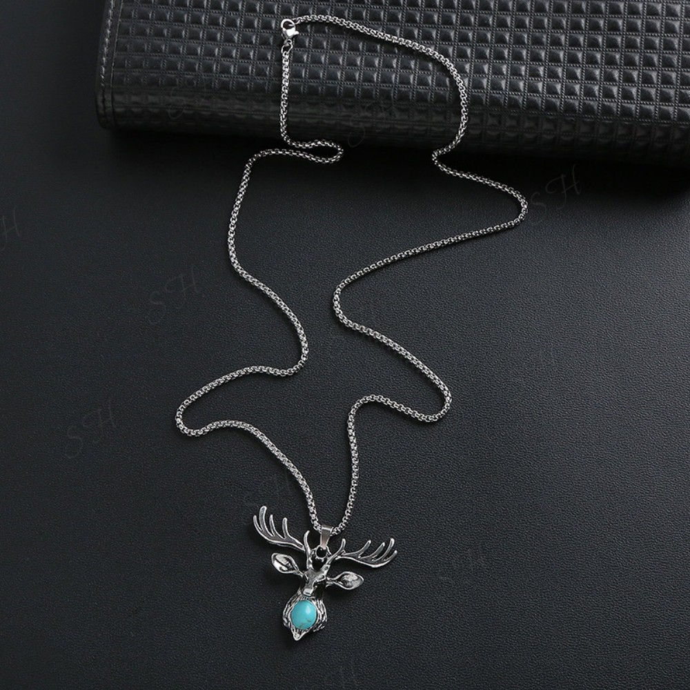 Dây Chuyền Nam Deer Chain Kuu Clothes - Mặt Vòng Cổ Hươu Nai Đính Ngọc Chất Liệu Thép Titan Không Rỉ Màu Xanh Bạc