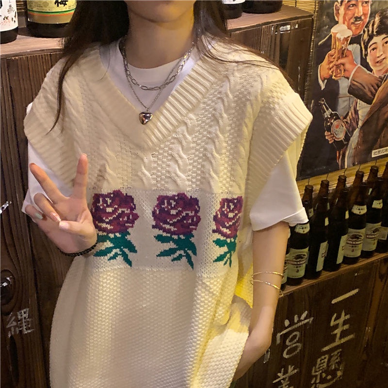 Áo len không tay cổ chữ V họa tiết hoa hồng phong cách Hàn Quốc cổ điển cho nữ sinh