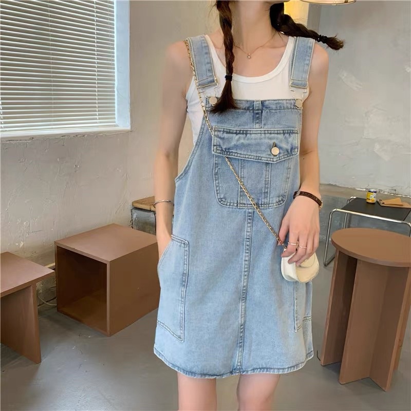 Váy Yếm Jeans Ngắn Quảng Châu (hình thật) Váy Denim Yếm Ngắn
