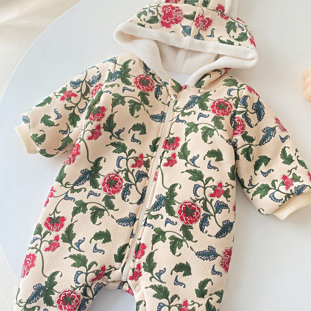 Bộ áo liền quần SANLUTOZ tay dài bằng cotton in hoa dễ thương thời trang mùa đông cho bé gái