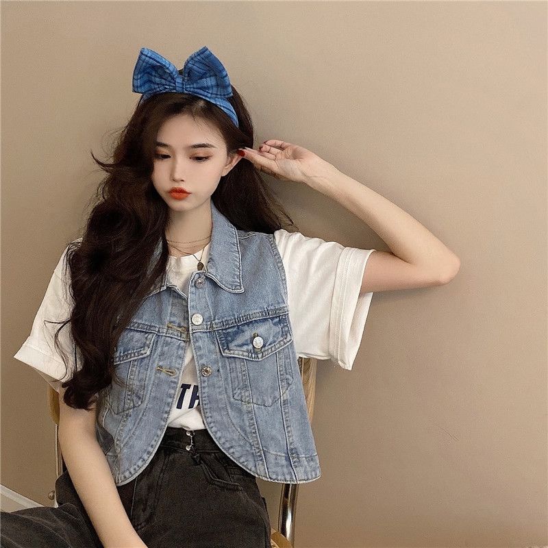 Áo Khoác Denim Không Tay Thiết Kế Mới Thời Trang Mùa Xuân Hè Theo Phong Cách Hàn Quốc Cho Nữ