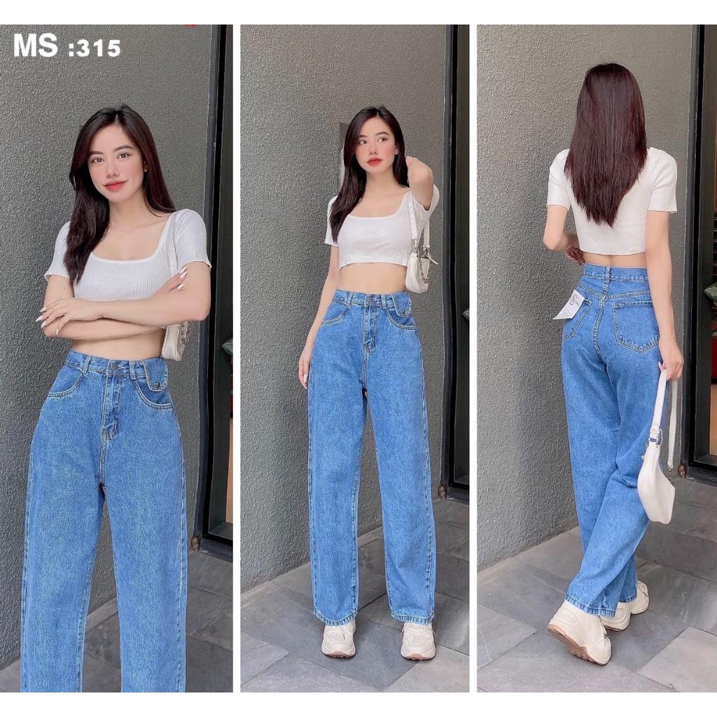 Quần baggy jean nữ dáng dài ống suông phối nắp túi ảnh thật