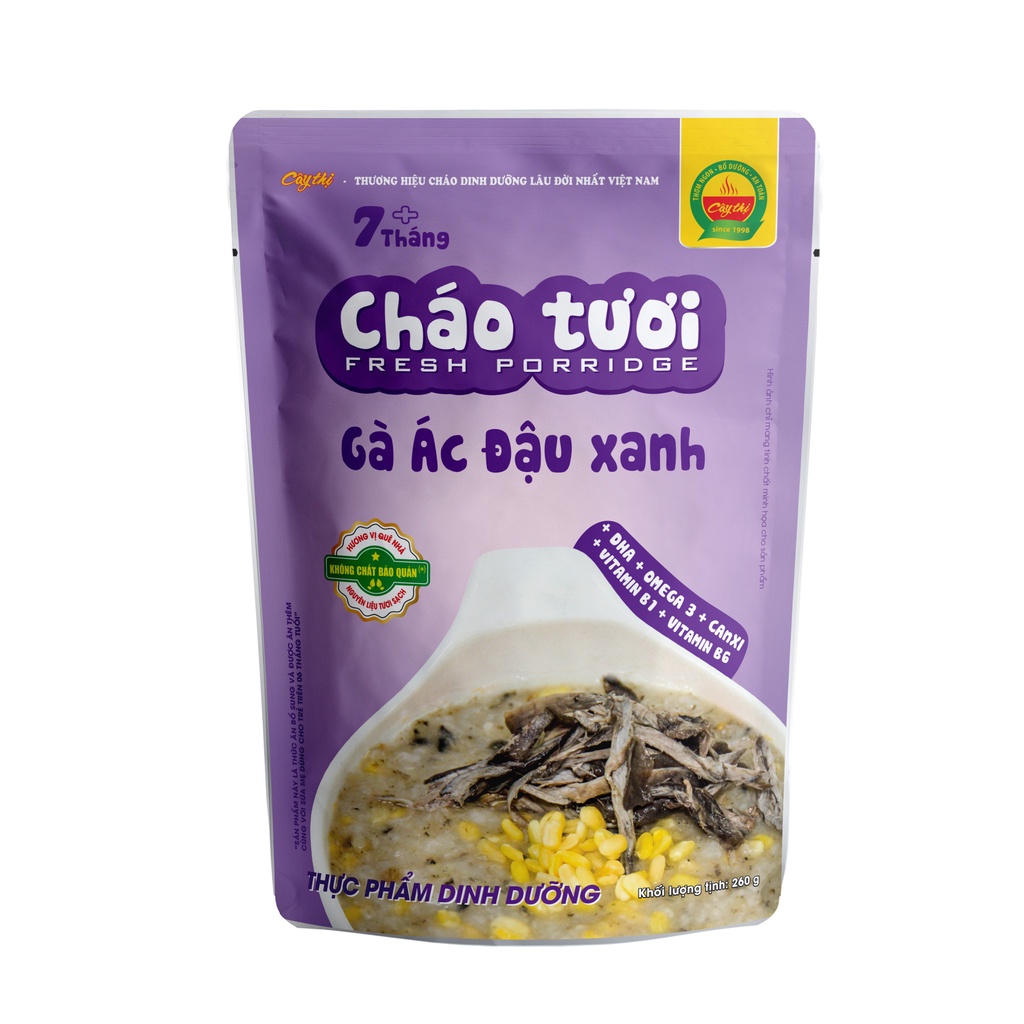 Combo 4 Gói Cháo Tươi Cây Thị: Gà Ác Đậu Xanh, Cá Lóc Đậu Xanh, Thịt Bò Cà Rốt, Thịt Heo Bí Đỏ.