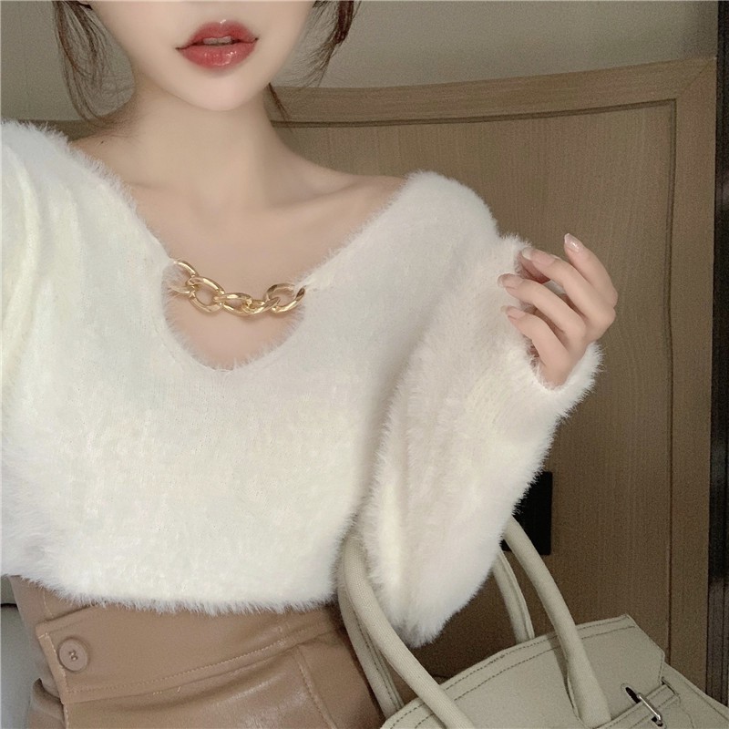 🌸Hàng Order(Có sẵn Trắng)🌸Áo Lông Phối Xích Cá Tính🌸Hàng Quảng Châu