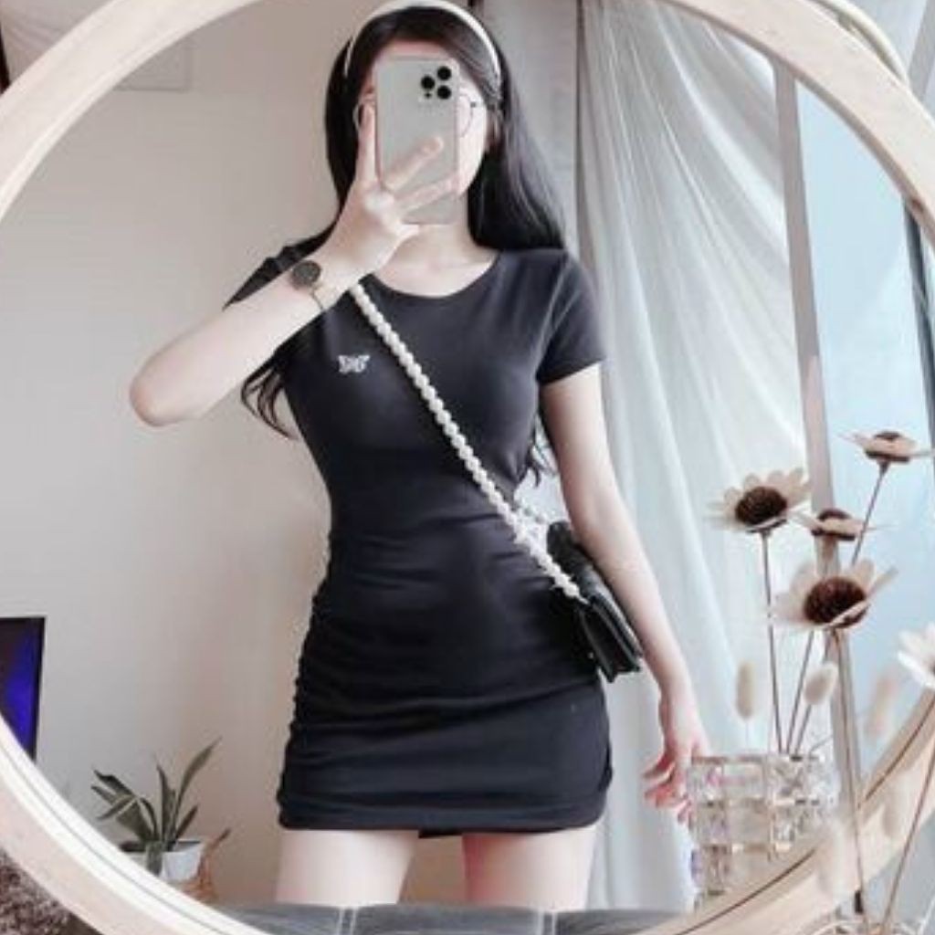 Đầm Dáng Ôm Body GenY Nhún 2 Bên Thêu Bướm Chuẩn Fom Chất Borip Lụa Mềm Mịn | BigBuy360 - bigbuy360.vn