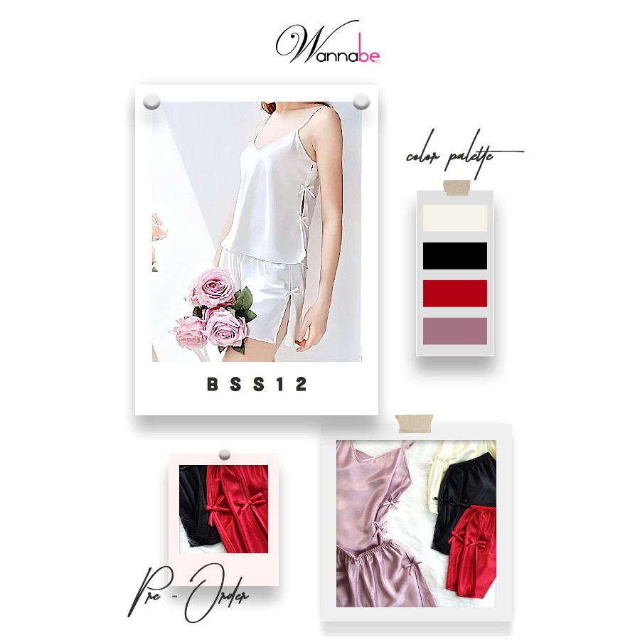 Đồ bộ mặc nhà phi lụa WANNABE BSS12 bộ sọt 2 dây đính nơ sườn nữ tính quyến rũ