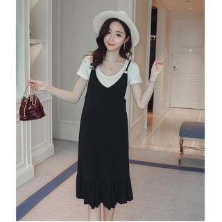 Set váy yếm bầu (Kèm áo) chân xếp li cao cấp