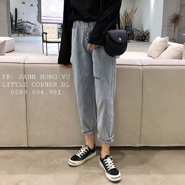 Quần slim baggy jeans rách ngang đùi một bên kèm ảnh thật hàng sẵn