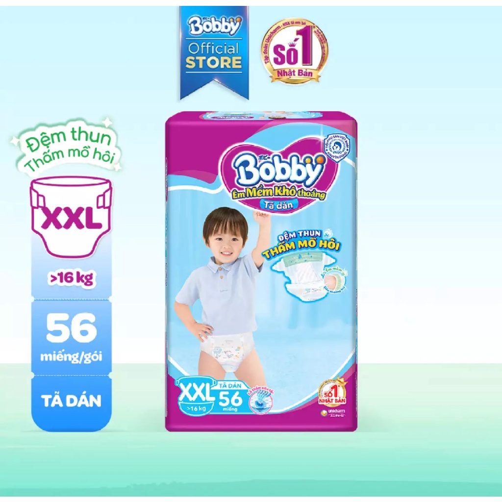 ( Cộng 6 miếng ) Bỉm Bobby dán size M76,L68,Xl62, Xxl56 mới nhất.