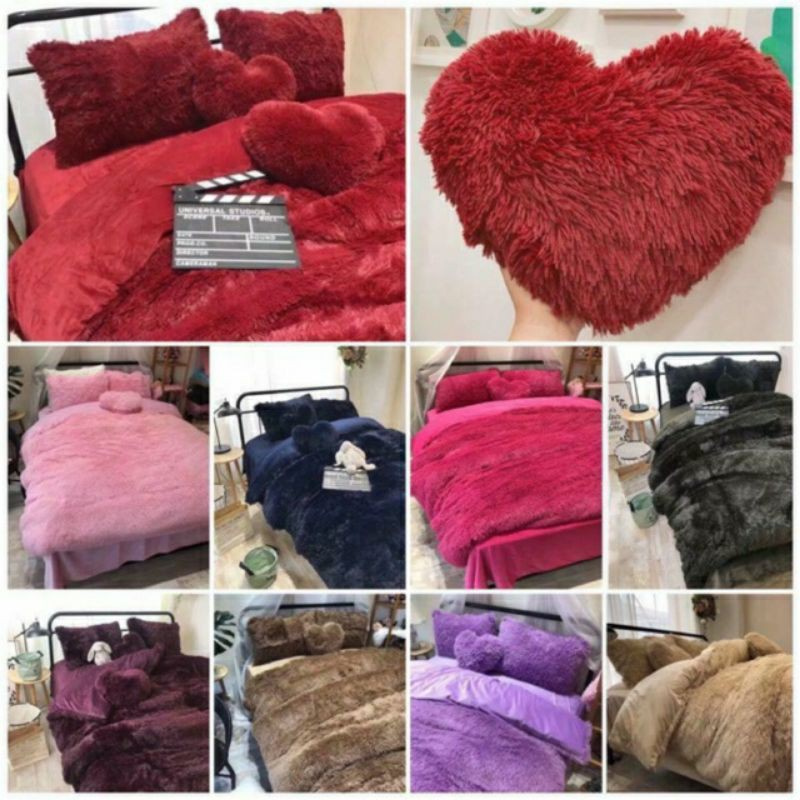 Trọn bộ Chăn ga gối nỉ nhung tim lông dài (Tặng kèm gối trái tim) HÀNG CAO CẤP NHẬP KHẨU