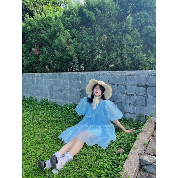 Đầm Babydoll Màu Xanh Tươi Mát Thiết Kế Bèo Chéo Phối Ren