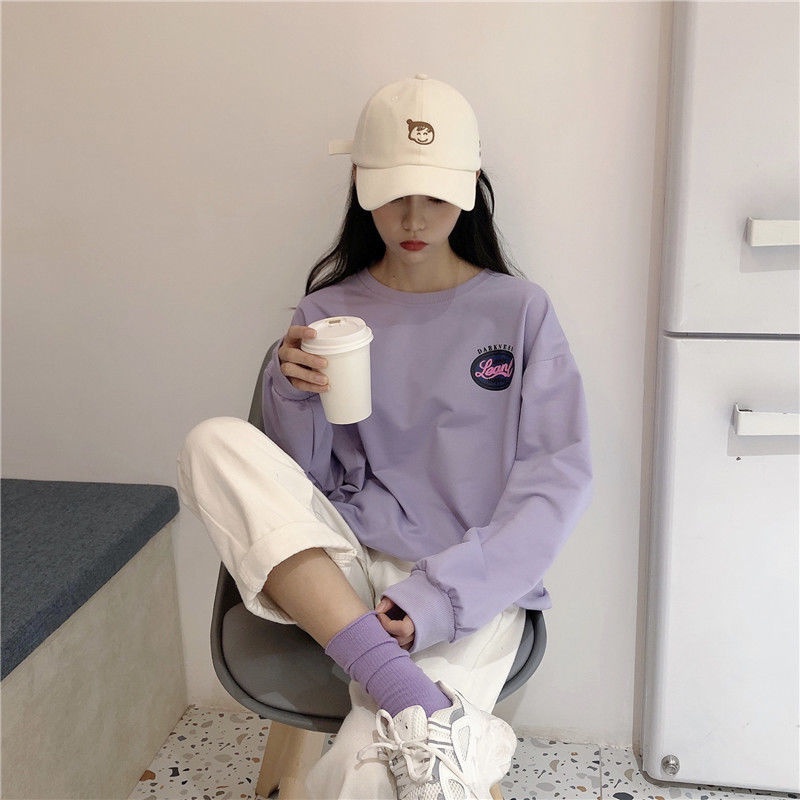 ZHELIHANGFEI Áo Sweater Cổ Tròn Tay Dài Dáng Rộng In Chữ Thời Trang