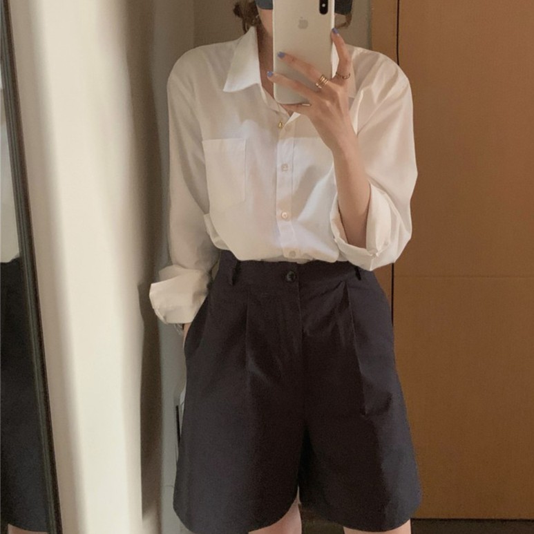 QUẦN SHORTS / QUẦN ĐÙI VẢI KAKI NỮ ỐNG RỘNG FORM CHỮ A LƯNG CAO TRƠN UNISEX