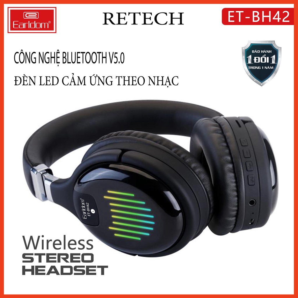 Tai Nghe Chụp Tai Bluetooth, Headphone gaming Không Dây EARLDOM ET-BH42  Âm Bass Ấn Tượng Đèn Cảm Ứng Theo Nhạc