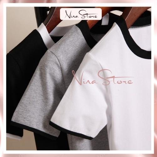 Áo croptop nữ cổ phối viền trắng đen chất thun co giãn ôm body NinaStore