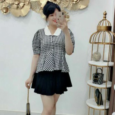 Set big size áo caro và chân váy xếp ly từ 60kg-90kg