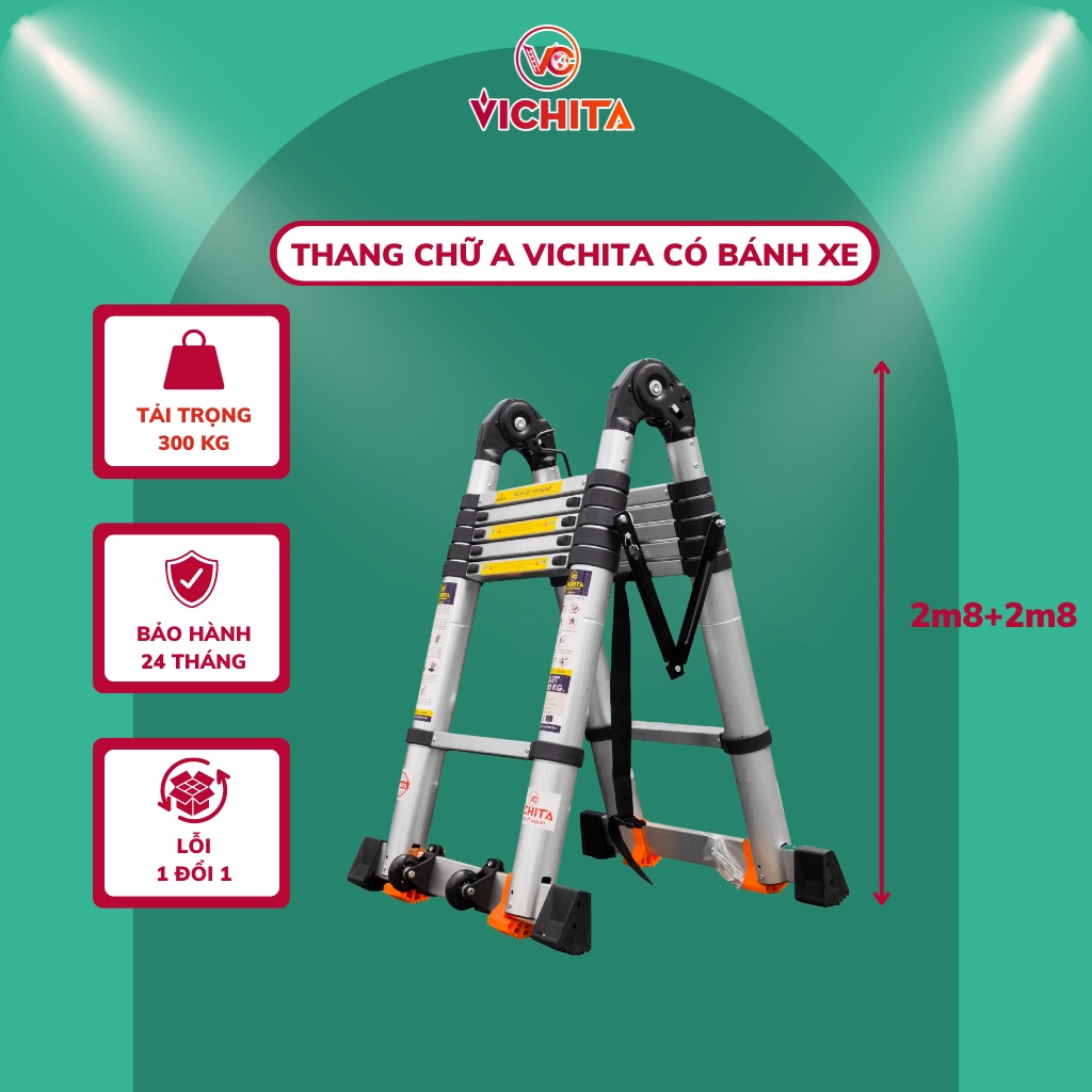 Thang Nhôm Rút Chữ A 5,6M (2.8M+2.8M) VICHITA Có Bánh Xe - Thanh Giằng Chống Rung Lắc