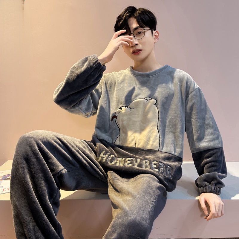 Bộ Đồ Ngủ Tay Dài Vải Flannel Phối Nhung Dày Ấm Áp Thời Trang Cho Nam