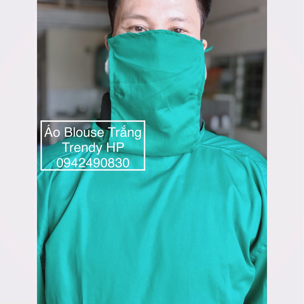 Áo choàng xanh lục phòng mổ, áo khoác phẫu thuật nam nữ có sẵn khẩu trang cho bác sĩ, y tá