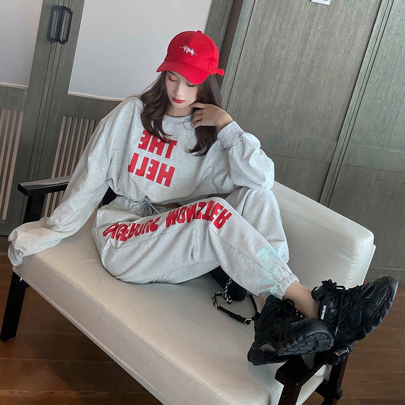 Mẫu Đẹp Giá Sỉ ❤ Set Bộ Thể Thao Áo Croptop Nỉ Dài Tay Rút Dây The Hell Mix Quần Jogger Monster Đen Xám